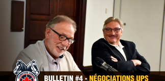 De gauche à droite : Richard Eichel, directeur de la Division des colis de Teamsters Canada, et François Laporte, président de Teamsters Canada, lors des négociations avec UPS à Québec.